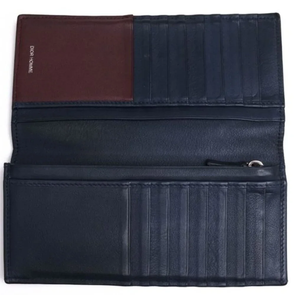 Dior Homme Long Wallet Men Leather Navy Blue CD Logo with Coin